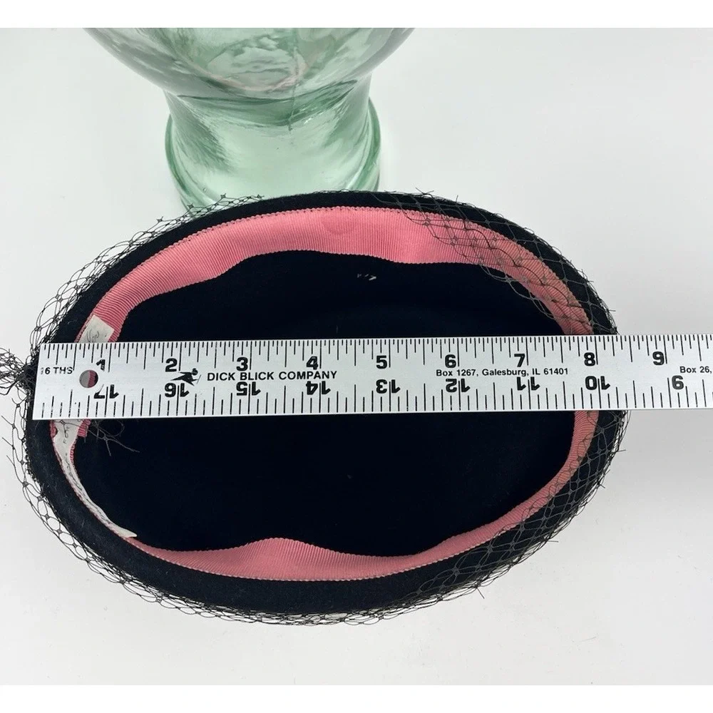 Vintage Pillbox Hat Satin Ribbon Black Ivory Rhinestone Accent Netting Wanamaker